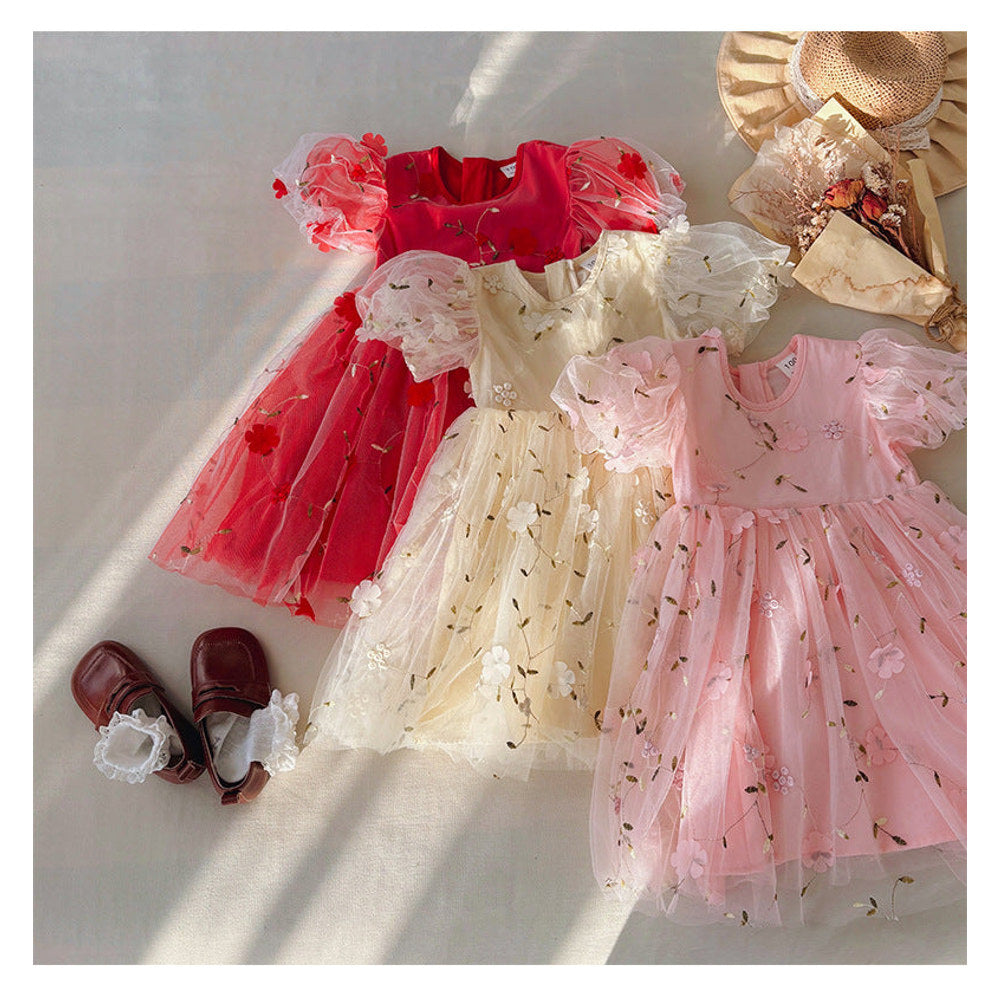 MyKids-USA® Flowers Pattern Short Sleeves Tulle Dress for Stylish Girls
