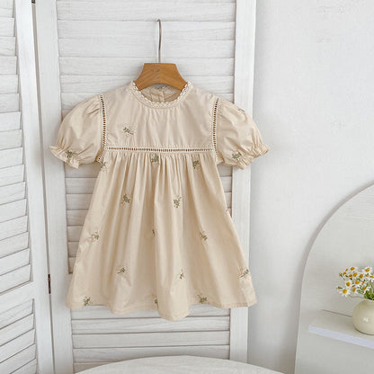 MyKids-USA® Flowers Pattern Embroidered Short Sleeves Dress/bodysuit for Stylish Girls