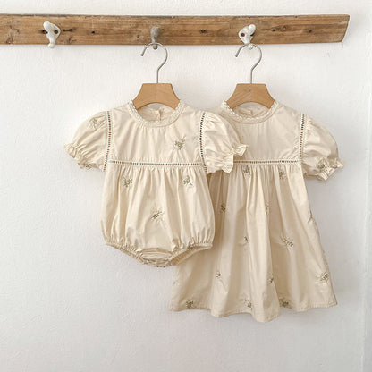 MyKids-USA® Flowers Pattern Embroidered Short Sleeves Dress/bodysuit for Stylish Girls