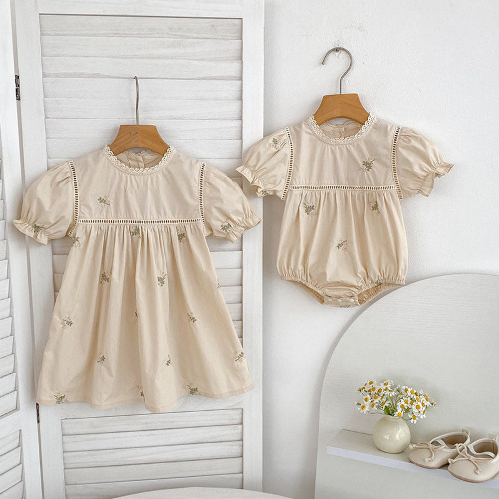 MyKids-USA® Flowers Pattern Embroidered Short Sleeves Dress/bodysuit for Stylish Girls