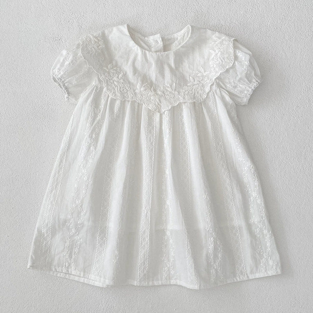 MyKids-USA® Girls Solid Color Simple Floral Embroidery Big Collar bodysuit or Dress – Princess Sister Matching