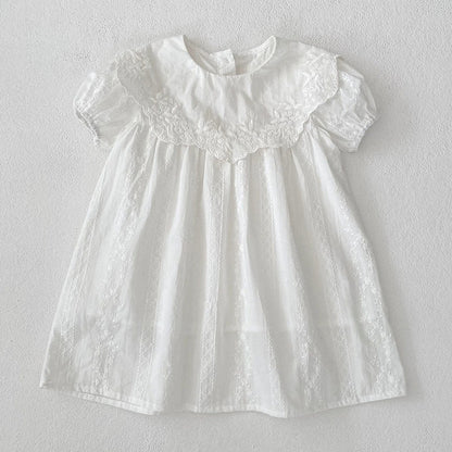 MyKids-USA® Girls Solid Color Simple Floral Embroidery Big Collar bodysuit or Dress – Princess Sister Matching