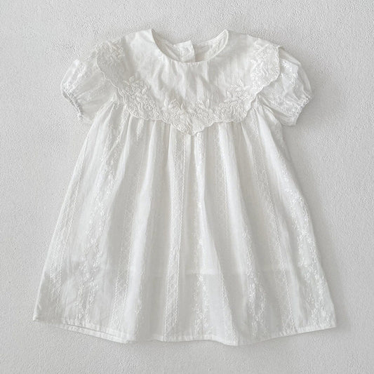 MyKids-USA® Girls Solid Color Simple Floral Embroidery Big Collar bodysuit or Dress – Princess Sister Matching