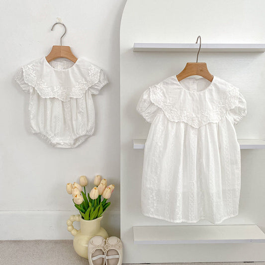 MyKids-USA® Girls Solid Color Simple Floral Embroidery Big Collar bodysuit and Dress – Princess Sister Matching Set