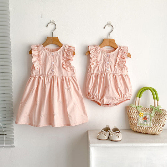 MyKids-USA® Baby Girls French-style Butterfly-Bows Embroidery Pattern Sleeveless bodysuit and Dress – Princess Sister Matching Set
