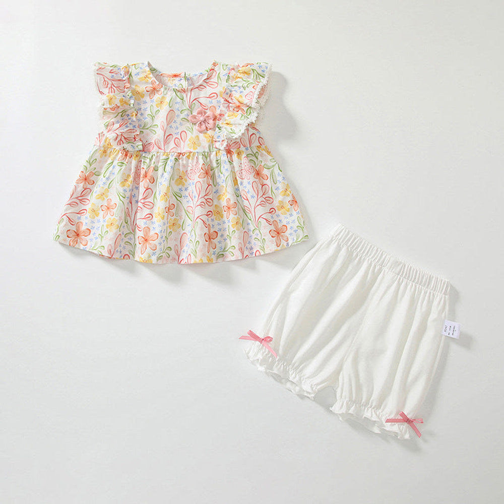 MyKids-USA® Baby Kids Floral Pattern T-shirt and Beige Shorts Clothing Set for Girls