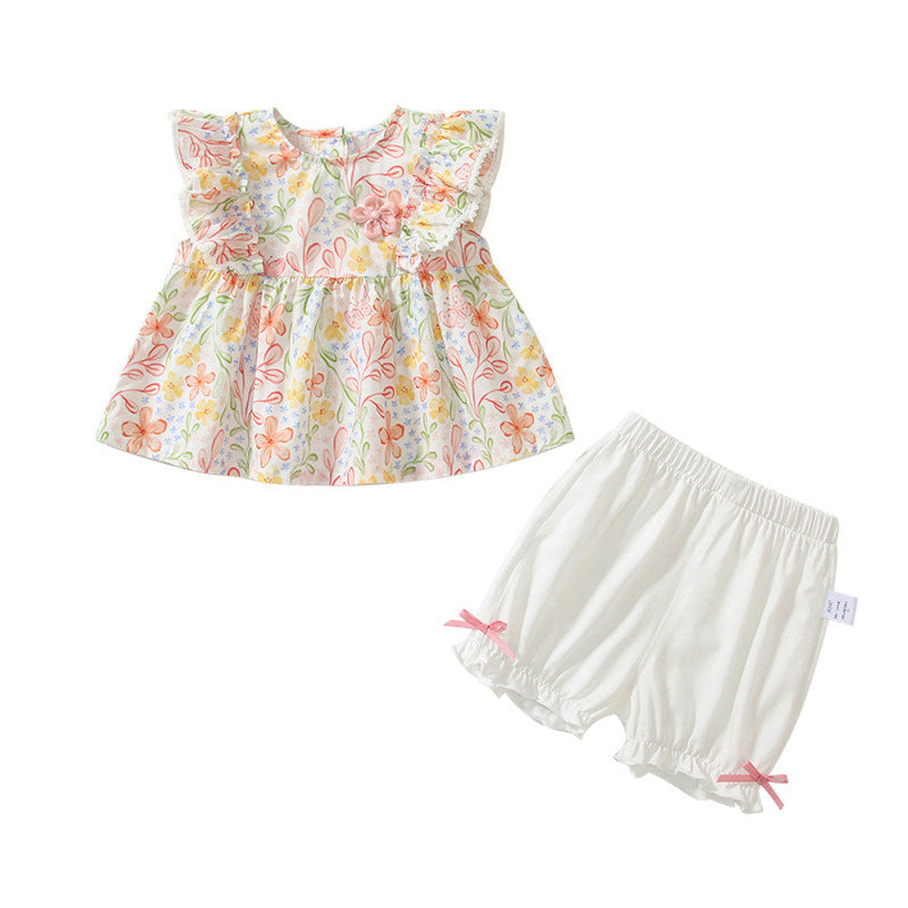 MyKids-USA® Baby Kids Floral Pattern T-shirt and Beige Shorts Clothing Set for Girls