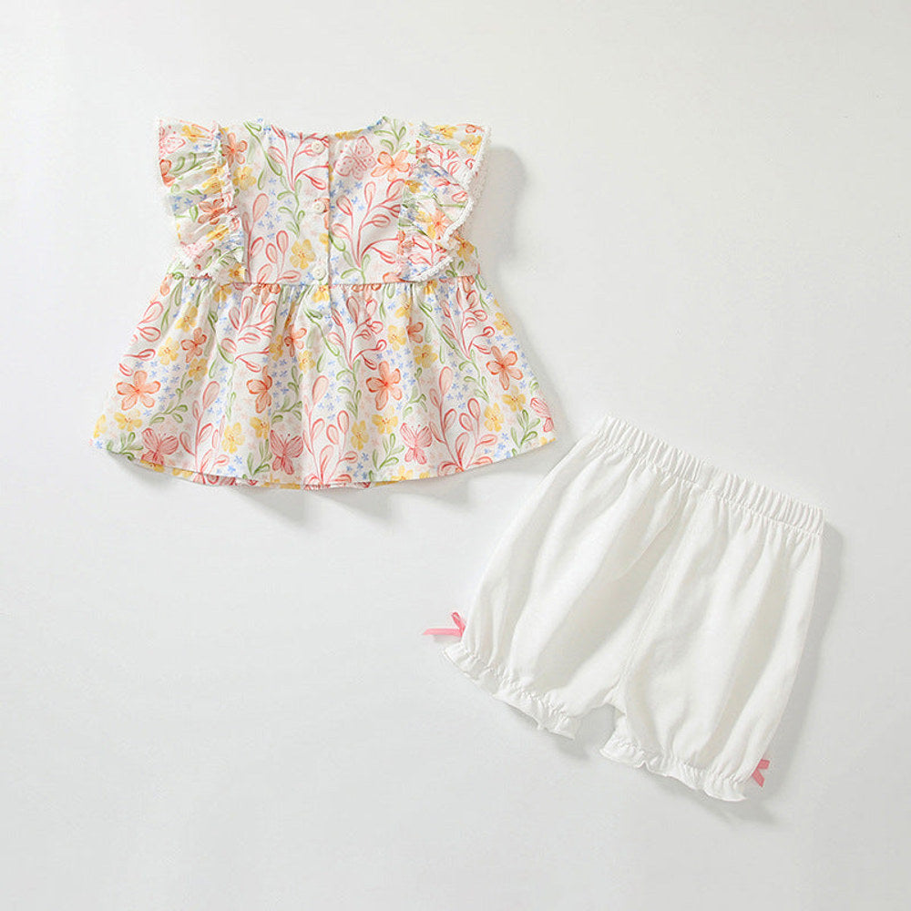 MyKids-USA® Baby Kids Floral Pattern T-shirt and Beige Shorts Clothing Set for Girls