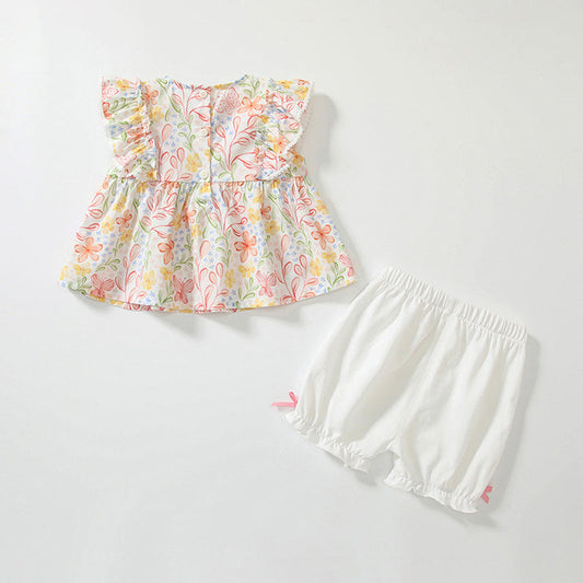 MyKids-USA® Baby Kids Floral Pattern T-shirt and Beige Shorts Clothing Set for Girls