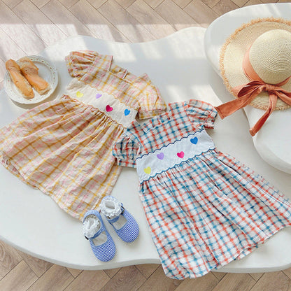 MyKids-USA® Baby Kids Girls Short Sleeves Square Neck Heart Pattern Plaid Dress