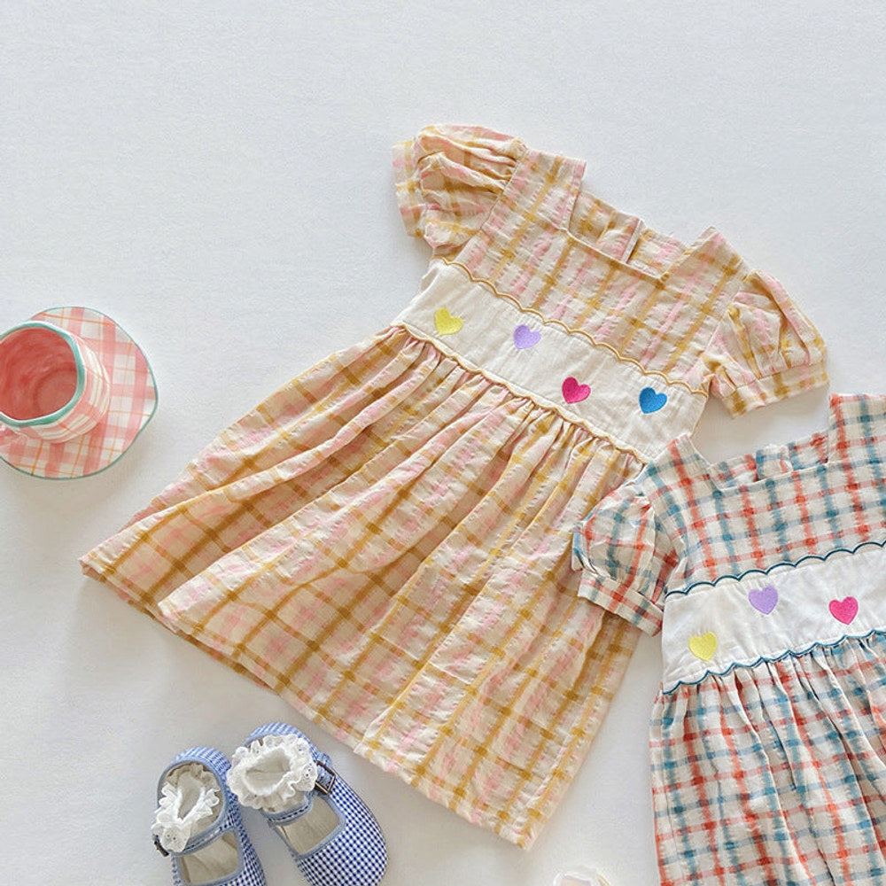 MyKids-USA® Baby Kids Girls Short Sleeves Square Neck Heart Pattern Plaid Dress