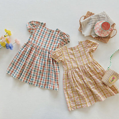 MyKids-USA® Baby Kids Girls Short Sleeves Square Neck Heart Pattern Plaid Dress