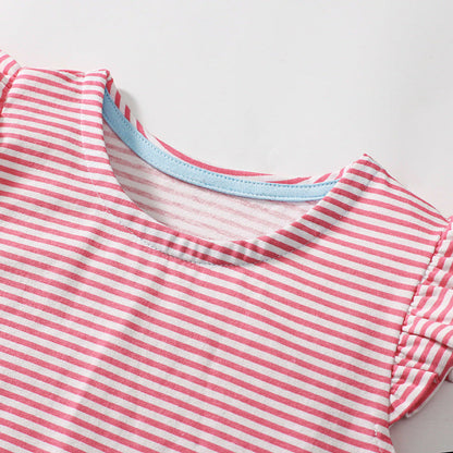 MyKids-USA® Cute Puppy Cartoon Pattern Short Sleeves Striped Dress for Stylish Girls