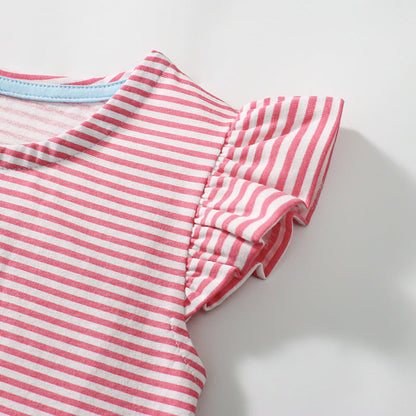 MyKids-USA® Cute Puppy Cartoon Pattern Short Sleeves Striped Dress for Stylish Girls