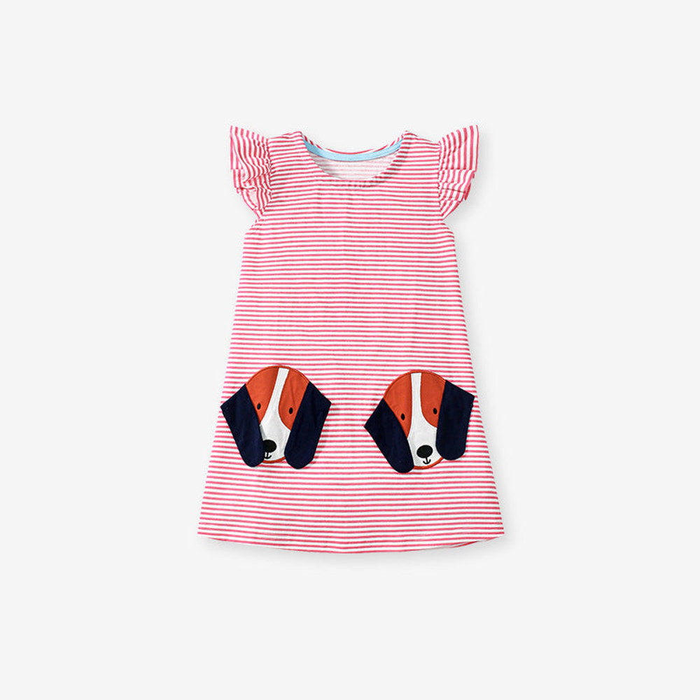 MyKids-USA® Cute Puppy Cartoon Pattern Short Sleeves Striped Dress for Stylish Girls