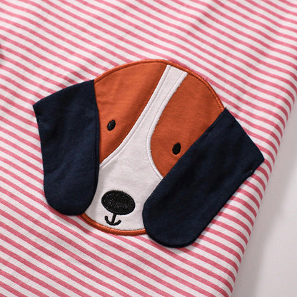 MyKids-USA® Cute Puppy Cartoon Pattern Short Sleeves Striped Dress for Stylish Girls