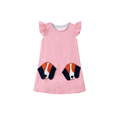MyKids-USA® Cute Puppy Cartoon Pattern Short Sleeves Striped Dress for Stylish Girls
