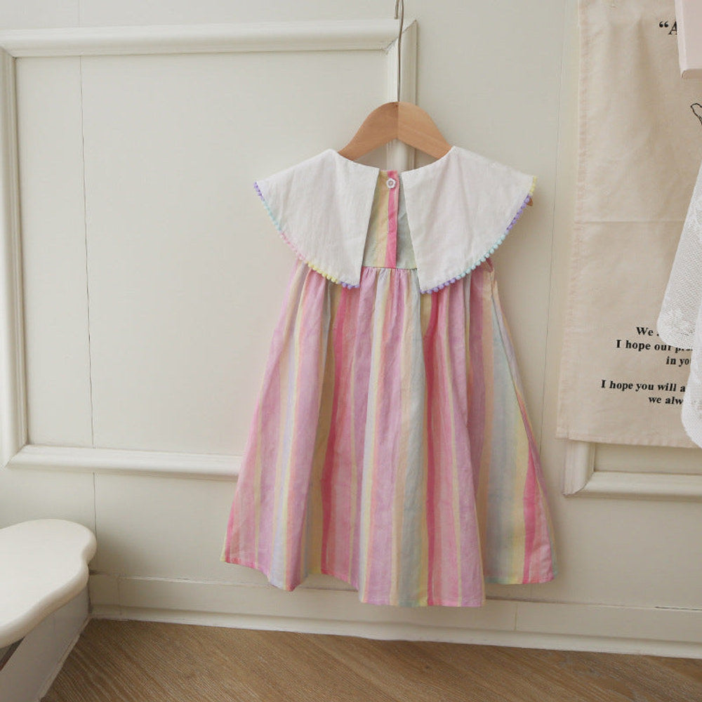 MyKids-USA® Baby Kids Girls Sleeveless Horse Pattern Embroidered Striped Dress