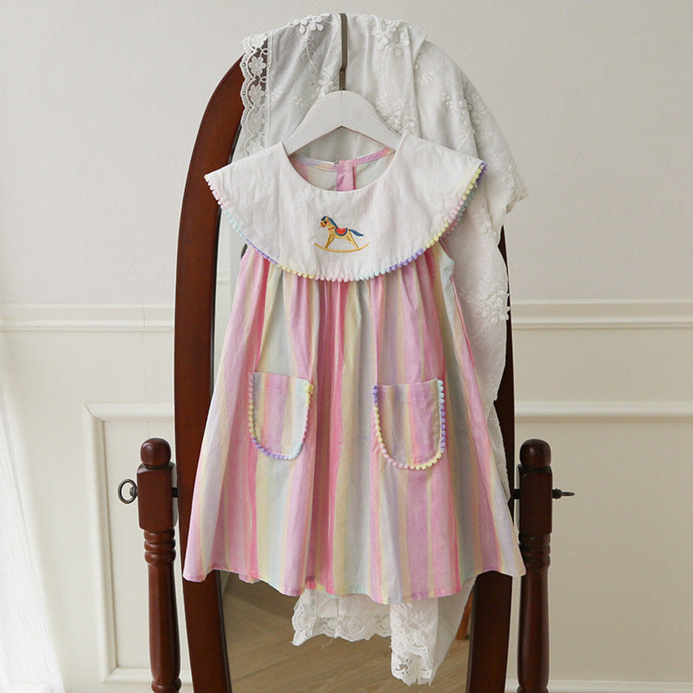 MyKids-USA® Baby Kids Girls Sleeveless Horse Pattern Embroidered Striped Dress
