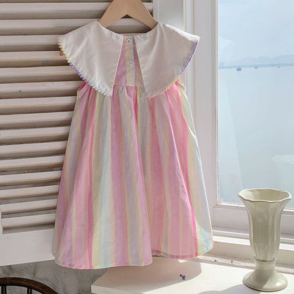 MyKids-USA® Baby Kids Girls Sleeveless Horse Pattern Embroidered Striped Dress