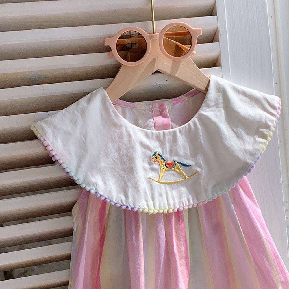 MyKids-USA® Baby Kids Girls Sleeveless Horse Pattern Embroidered Striped Dress