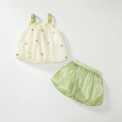 MyKids-USA® Baby Kids Floral Pattern Vest and Green Shorts Clothing Set for Girls