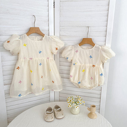 MyKids-USA® Baby Kids Girls Butterfly Bows Pattern Short Sleeves Crew Neck bodysuit or Girls’ Dress – Princess Sister Matching