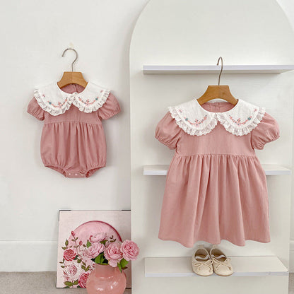MyKids-USA® Baby Girls French-style Flowers Embroidery Pattern Short-sleeved bodysuit or Dress – Princess Sister Matching