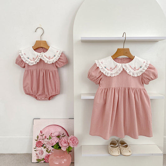 MyKids-USA® Baby Girls French-style Flowers Embroidery Pattern Short-sleeved bodysuit and Dress – Princess Sister Matching