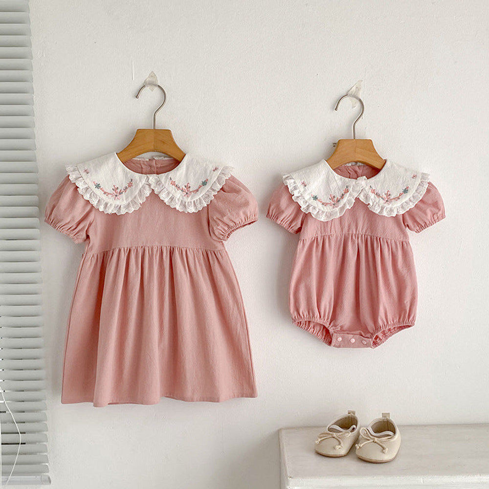 MyKids-USA® Baby Girls French-style Flowers Embroidery Pattern Short-sleeved bodysuit or Dress – Princess Sister Matching