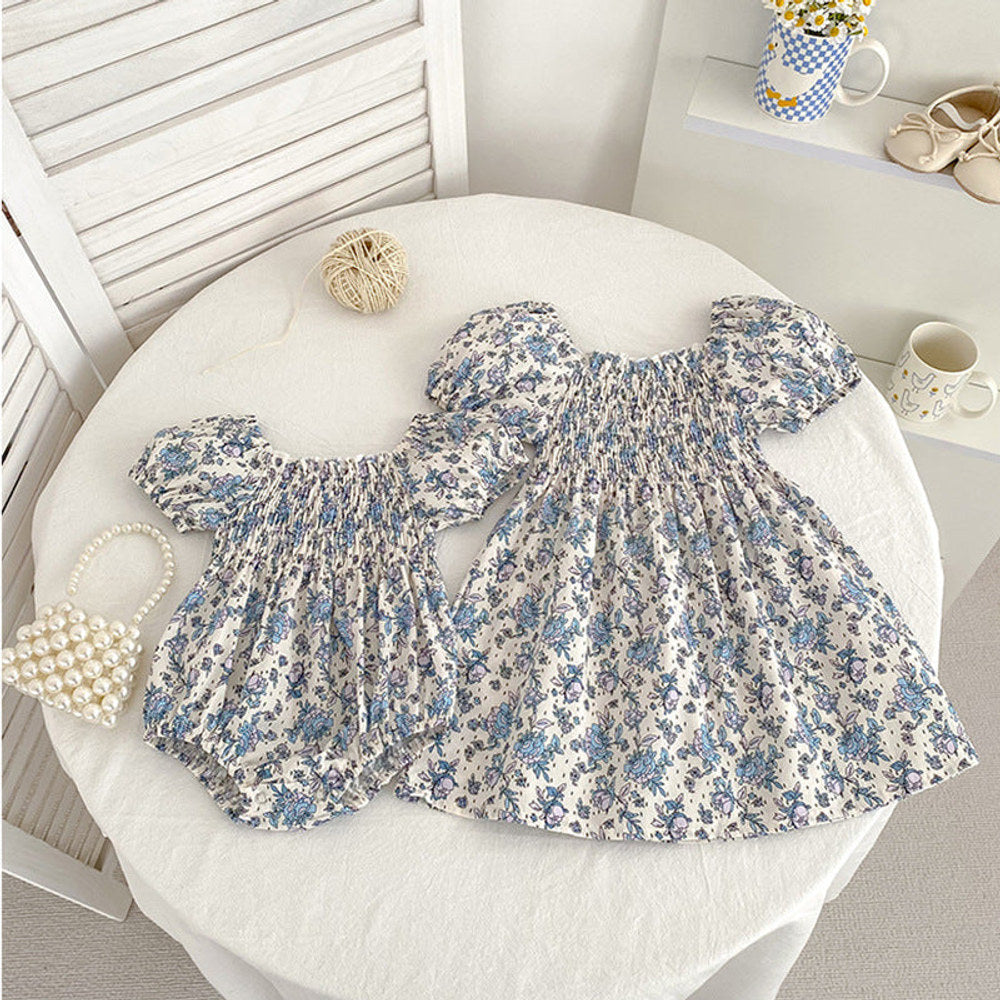 MyKids-USA® Baby Girls French-style Flowers Pattern Short-sleeved bodysuit or Dress – Princess Sister Matching