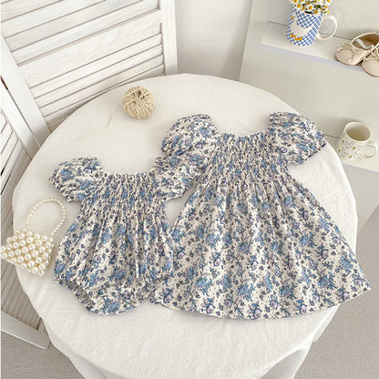 MyKids-USA® Baby Girls French-style Flowers Pattern Short-sleeved bodysuit or Dress – Princess Sister Matching