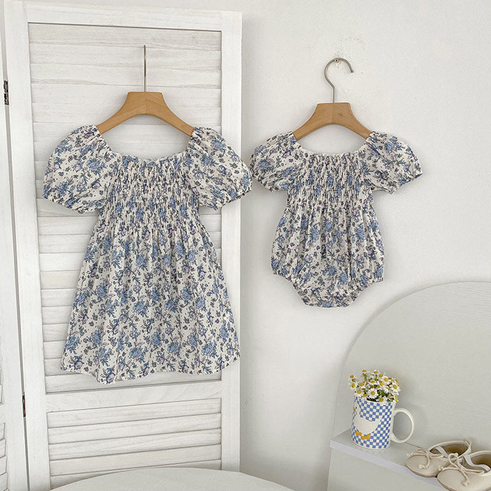 MyKids-USA® Baby Girls French-style Flowers Pattern Short-sleeved bodysuit or Dress – Princess Sister Matching