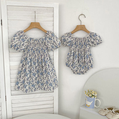 MyKids-USA® Baby Girls French-style Flowers Pattern Short-sleeved bodysuit or Dress – Princess Sister Matching