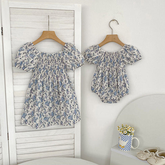 MyKids-USA® Baby Girls French-style Flowers Pattern Short-sleeved bodysuit and Dress – Princess Sister Matching