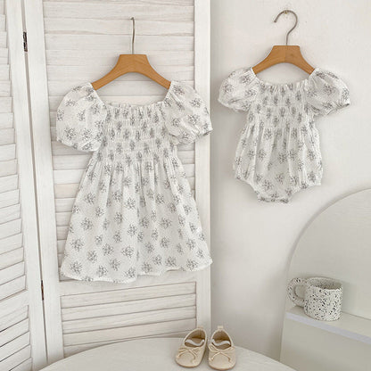 MyKids-USA® Baby Girls French-style Flowers Pattern Short-sleeved bodysuit or Dress – Princess Sister Matching