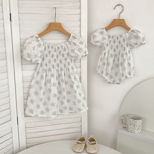 MyKids-USA® Baby Girls French-style Flowers Pattern Short-sleeved bodysuit and Dress – Princess Sister Matching