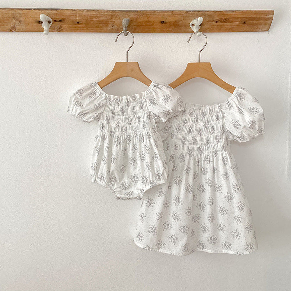MyKids-USA® Baby Girls French-style Flowers Pattern Short-sleeved bodysuit or Dress – Princess Sister Matching