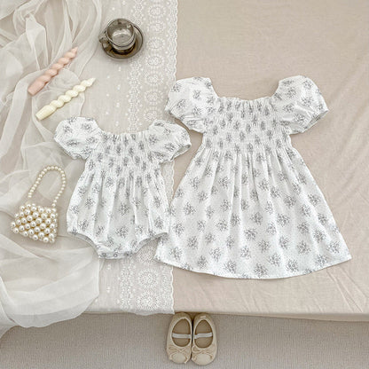 MyKids-USA® Baby Girls French-style Flowers Pattern Short-sleeved bodysuit or Dress – Princess Sister Matching
