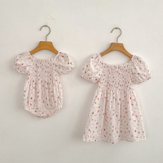 MyKids-USA® Baby Girls French-style Flowers Pattern Short-sleeved bodysuit and Dress – Princess Sister Matching