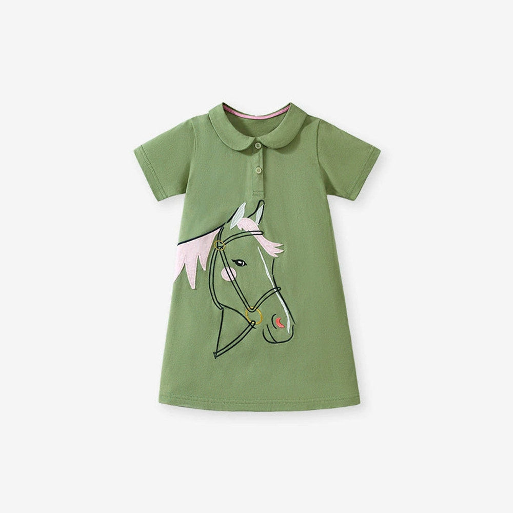 MyKids-USA® Horse Cartoon Pattern Short Sleeves Dress for Stylish Girls