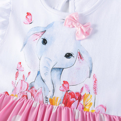 MyKids-USA® Elephant Cartoon Pattern Fly Sleeves Color Patchwork Dress for Stylish Girls