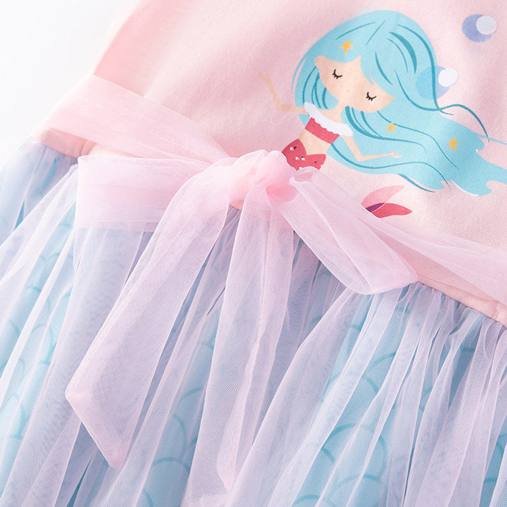 MyKids-USA® Mermaid Cartoon Pattern Fly Sleeves Tulle Patchwork Dress for Stylish Girls