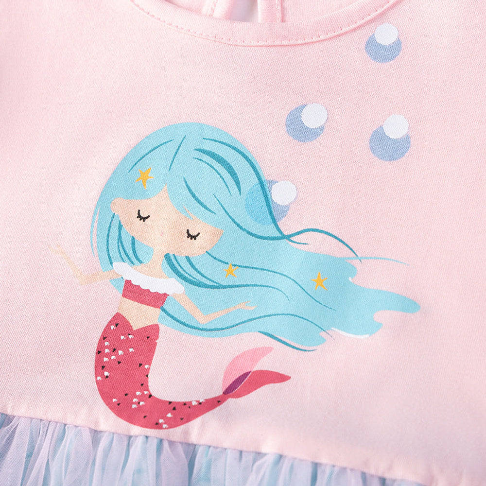 MyKids-USA® Mermaid Cartoon Pattern Fly Sleeves Tulle Patchwork Dress for Stylish Girls