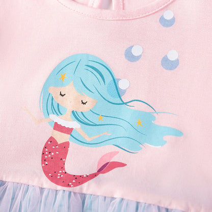 MyKids-USA® Mermaid Cartoon Pattern Fly Sleeves Tulle Patchwork Dress for Stylish Girls