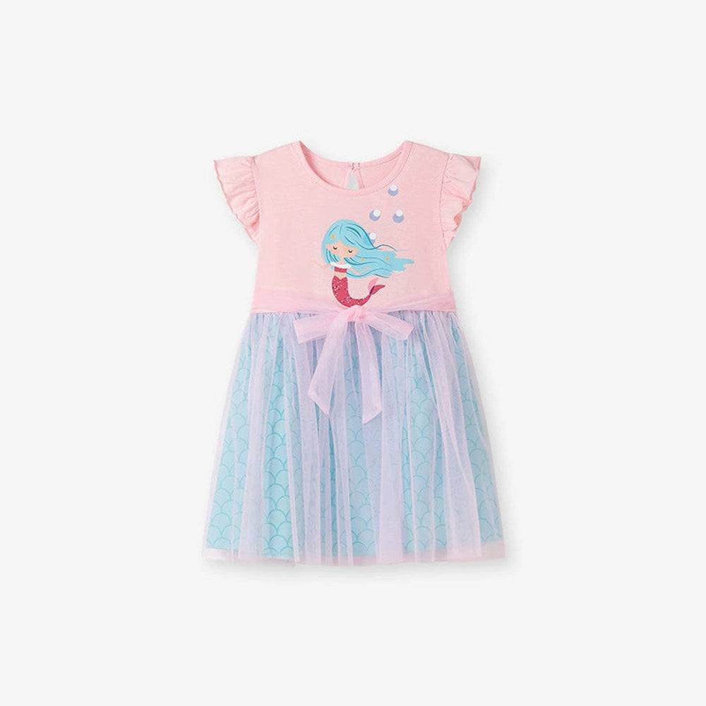MyKids-USA® Mermaid Cartoon Pattern Fly Sleeves Tulle Patchwork Dress for Stylish Girls