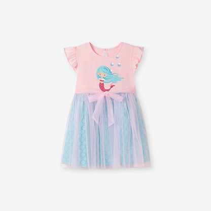 MyKids-USA® Mermaid Cartoon Pattern Fly Sleeves Tulle Patchwork Dress for Stylish Girls