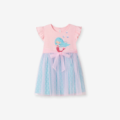 MyKids-USA® Mermaid Cartoon Pattern Fly Sleeves Tulle Patchwork Dress for Stylish Girls
