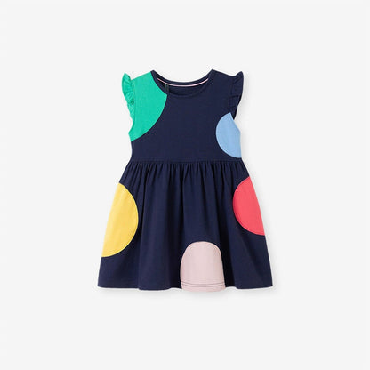 MyKids-USA® Fly Sleeves Crew Neck Color Patchwork Dress for Stylish Girls