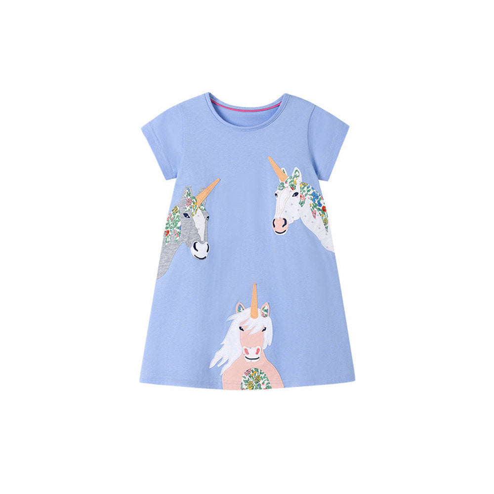 MyKids-USA® Unicorn Cartoon Pattern Short Sleeves Dress for Stylish Girls